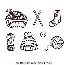 Knitting, crochet, hand made line icons set. Knitting needle, hook, scarf, socks, pattern, wool skeins and other DIY equipment. Linear signs set, logos with editable stroke for yarn or tailor store