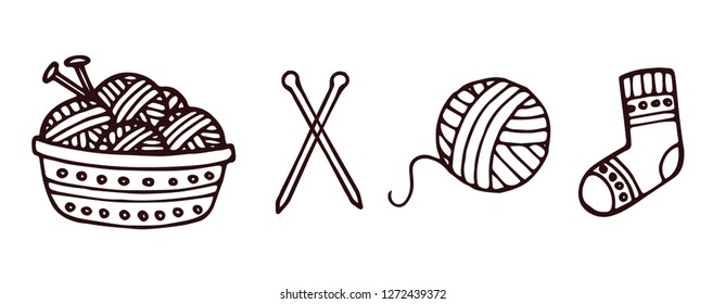 Knitting, crochet, hand made line icons set. Knitting needle, hook, scarf, socks, pattern, wool skeins and other DIY equipment. Linear signs set, logos with editable stroke for yarn or tailor store