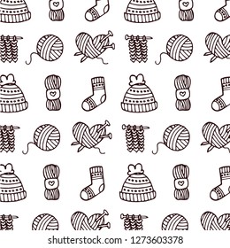 Knitting, crochet, hand made line icons set. Knitting needle, hook, scarf, socks, pattern, wool skeins and other DIY equipment. Linear signs set, logos with editable stroke for yarn or tailor store