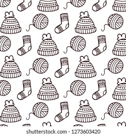 Knitting, crochet, hand made line icons set. Knitting needle, hook, scarf, socks, pattern, wool skeins and other DIY equipment. Linear signs set, logos with editable stroke for yarn or tailor store