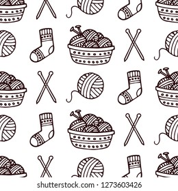 Knitting, crochet, hand made line icons set. Knitting needle, hook, scarf, socks, pattern, wool skeins and other DIY equipment. Linear signs set, logos with editable stroke for yarn or tailor store