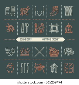 Knitting, crochet, hand made line icons set. Knitting needle, hook, scarf, socks, pattern, wool skeins and other DIY equipment. Linear signs set, logos with editable stroke for yarn or tailor store