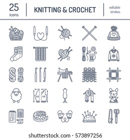 Knitting, crochet, hand made line icons set. Knitting needle, hook, scarf, socks, pattern, wool skeins and other DIY equipment. Linear signs set, logos with editable stroke for yarn or tailor store svg
