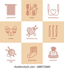 Knitting, crochet, hand made line icons set. Knit needle, hook, scarf, socks, pattern, wool skeins and other DIY equipment.