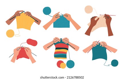 Knitting, crochet. Hands hold a knitted fabric on the needles. Hobby, handmade, handicraft. Collection of isolated vector illustrations