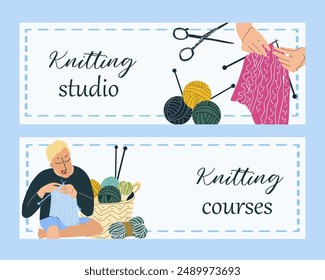 Knitting and crochet horizontal banner flat templates. Handmade studio and courses. Creative handicraft workshop and master class vector illustrations. Hobby classes. 