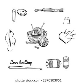 Knitting and crochet, outline drawings set, hand drawn design elements.