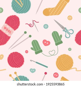 Knitting, crochet seamless pattern. Cute vector illustration of hand made equipment knit needle, buttons, wool, cotton skeins. Colored background for yarn tailor store.