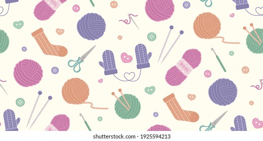 Knitting, crochet seamless pattern. Cute vector illustration of hand made. Colored background for yarn tailor store.