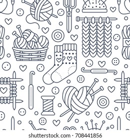 Knitting, crochet seamless pattern. Cute vector flat line illustration of hand made equipment knit needle, hook, wool, scissors, cotton skeins. Background for yarn tailor store.