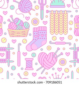Knitting, crochet seamless pattern. Cute vector flat line illustration of hand made equipment knit needle, hook, wool, cotton skeins. Colored background for yarn tailor store