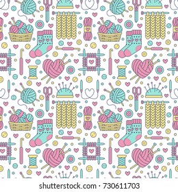 Knitting, crochet seamless pattern. Cute vector flat line illustration of hand made equipment knit needle, hook, wool, cotton skeins. Colored background for yarn tailor store.