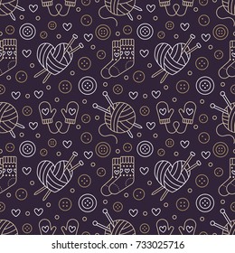 Knitting, crochet seamless pattern. Cute vector flat line illustration of hand made equipment knit needle, hook, wool, scissors, cotton skeins. Background for yarn tailor store