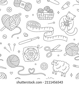 Knitting, crochet seamless pattern. Vector background with doodle illustration - cat playing with wool yarn ball, sheep, hook, skein, measuring tape. Black and white line art about handmade. svg