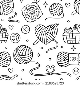 Knitting, Crochet Seamless Pattern. Vector Background With Doodle Illustration Of Wool Yarn Ball, Hook, Basket With Skeins. Black And White Line Art About Handmade