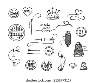 Knitting And Crochet, A Set Of Contour Drawings, Hand-drawn Design Elements. Vector Sketch Icon Illustration