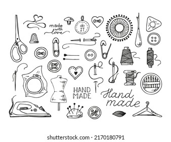 Knitting and crochet, a set of contour drawings, hand-drawn design elements. Vector sketch icon illustration