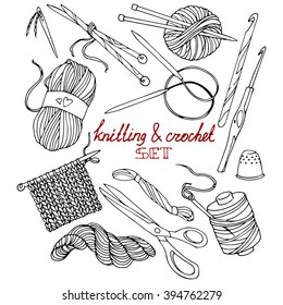 Knitting and crochet, a set of contour drawings, hand-drawn design elements. svg