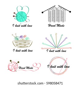 Knitting and crochet, a set of contour drawings, hand-drawn design elements. Vector illustration.