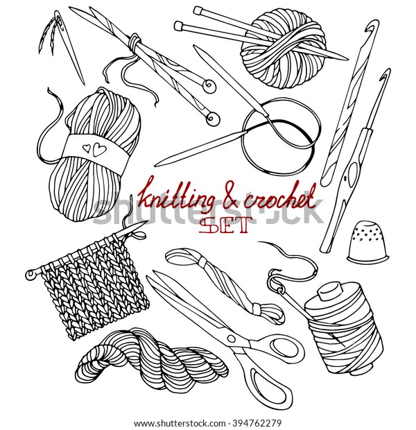 Knitting and crochet, a set of contour\
drawings, hand-drawn design\
elements.