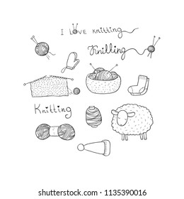 knitting and crochet set. Lovely lamb, tangles of thread, socks and mittens