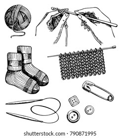 Knitting and crochet set, vector ink hand drawn illustration isolated on white background.