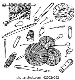 Knitting and crochet, Sketch set of contour drawings, hand drawn knitting elements.