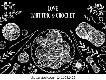 Knitting and crochet sketch. Vector hand drawn collection. Engraved style. Sketch collection. Design elements.
