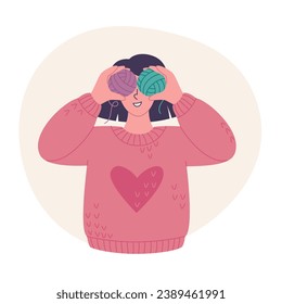Knitting and crocheting hobby. Smiling young woman with yarn skeins in her hands. Vector flat style illustration of handmade hobby