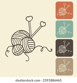 Knitting and crocheting icon in different variations. A skein, a ball of thread, a hook and knitting needles. Sketch, vector