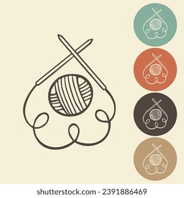 Knitting and crocheting icon in different variations. A skein, a ball of thread, a hook and knitting needles. Sketch, vector