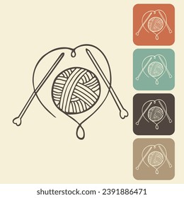 Knitting and crocheting icon in different variations. A skein, a ball of thread, a hook and knitting needles. Sketch, vector