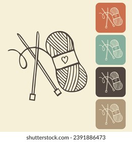 Knitting and crocheting icon in different variations. A skein, a ball of thread, a hook and knitting needles. Sketch, vector