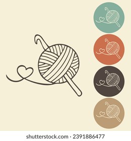 Knitting and crocheting icon in different variations. A skein, a ball of thread, a hook and knitting needles. Sketch, vector