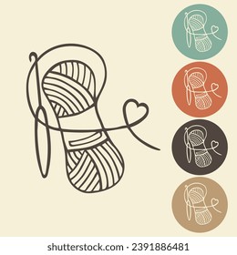 Knitting and crocheting icon in different variations. A skein, a ball of thread, a hook and knitting needles. Sketch, vector