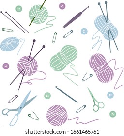 Knitting and crocheting set. Yarn, needles, crochets, scissors, buttons, pins. Vector illustration.