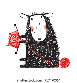 Knitting Cute Sheep Hand Drawn. Sitting with hobby little adorable woolen animal cartoon. Vector illustration.