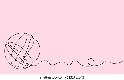 Knitting day. One continuous line of ball of thread on pink background