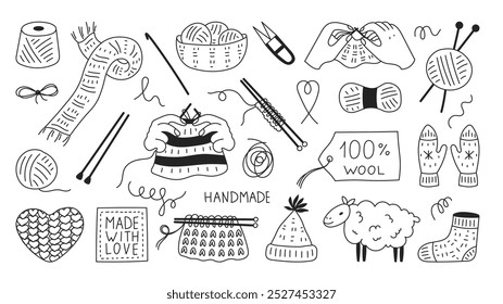 Knitting Doodle Icons Set. Hand drawn vector needlecraft tools and materials. Outline knitwear hand gesture skein yarn balls scissors crotchet