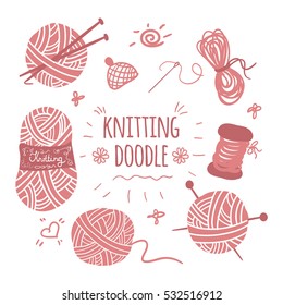 Knitting doodle icons set. Icons and logos set for sewing and knitting studio. Knitting and crochet set of icons. Hand drawn knitting collection.