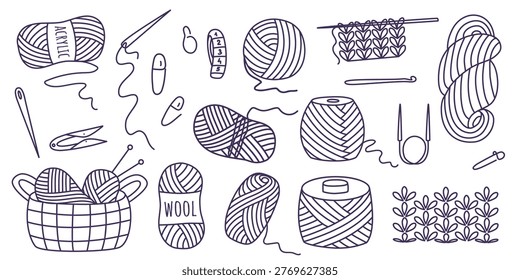 Knitting doodle set. Hand-drawn ink needlework elements including yarn clips, knitting needles, crochet hook, needle, yarn, and knitted fabric. Vector graphics