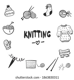 ilustración vectorial del conjunto de doodles de punto. Iconos que me gusta tejer, bolas de lana, agujas de punto y ganchos de crochet. adorables elementos de diseño gráfico.