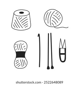 Conjunto de doodles de tricô. Bola de fio, skein, agulhas, gancho de crochê, coleção de fios. Descrever ferramentas de trabalho e ilustrações isoladas de vetores de equipamentos. 