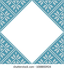 Knitting effect background in blue and white colors. Diamond-shaped frame for your text or photo. Vector illustration.