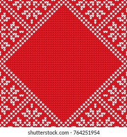 Knitting effect background in red and white colors. Diamond-shaped frame for your text or photo. Vector illustration.