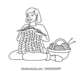 Knitting element linear. Knitting and needlework, handmade. Woman with threads and needles. Minimalistic creativity and art. Outline flat vector illustration isolated on white background