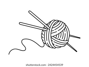 Knitting element linear. Knitting and needlework, handmade. Woolen ball with needles. Minimalistic creativity and art. Outline flat vector illustration isolated on white background