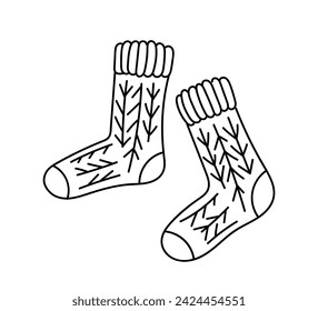 Knitting element linear. Knitting and needlework, handmade. Woolen socks. Graphic element for website. Poster or banner. Outline flat vector illustration isolated on white background