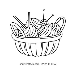 Knitting element linear. Knitting and needlework, handmade. Basket with threads and needles. Graphic element for website. Outline flat vector illustration isolated on white background