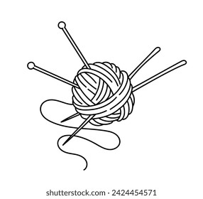 Knitting element linear. Knitting and needlework, handmade. Ball with needles. Graphic element for website. Template and layout. Outline flat vector illustration isolated on white background